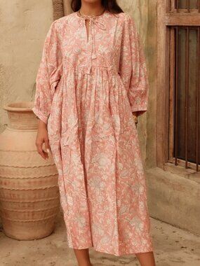 House of Sundar Maya Hand Block Printed Midi Dress in Primrose